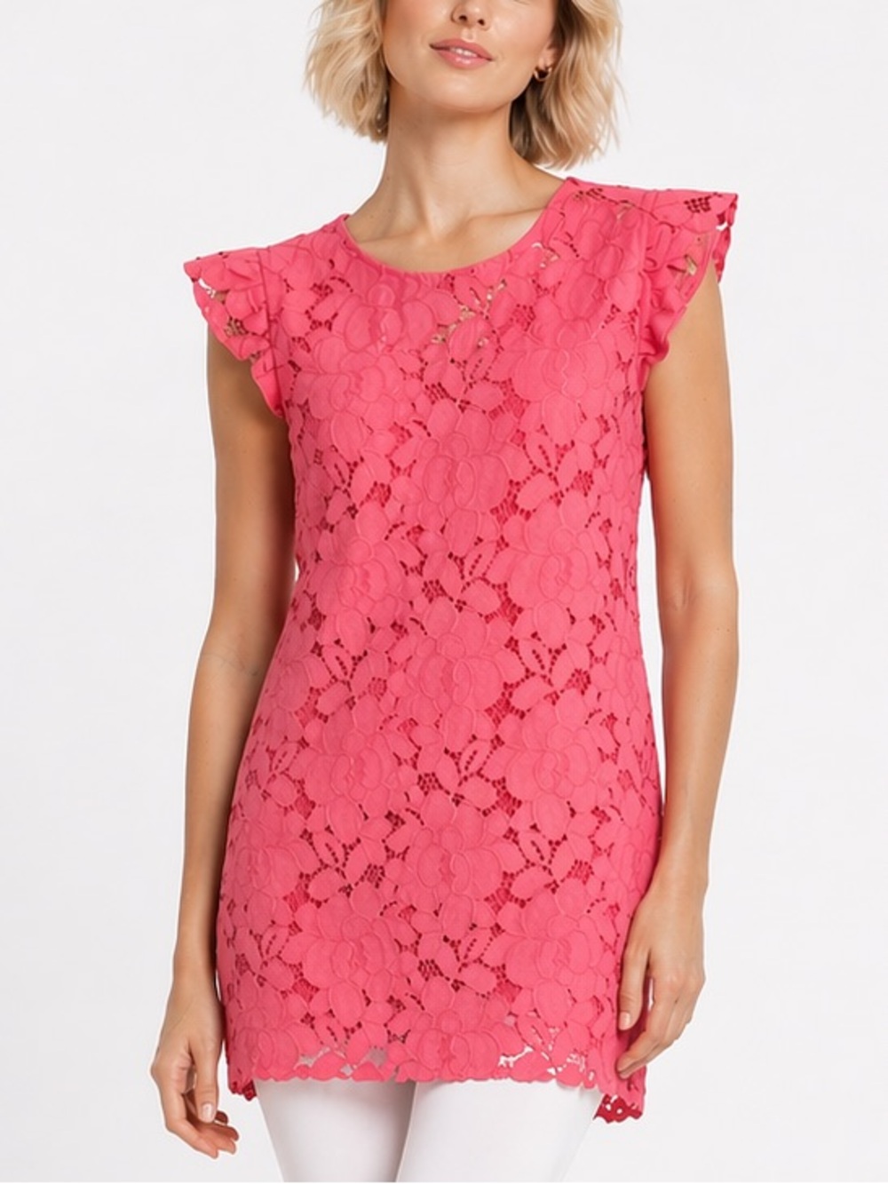 Monteau Coral cut out Lace layered tunic / top with Flutter Sleeves